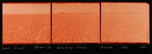Peter Goin Bravo 20 (Military bombing site, with Lone Rock Mountain) 1986, Pigment Print, Hahnamuhle Watercolor Paper 350 gsm, 30 x 85.5 | Currently on display in Environmental Impact Lone Rock, Bravo 20 Bombing Range, Nevada This triptych explores Bravo 20, a military bombing site, with Lone Rock, center.  This site is one of the numerous bombing ranges used by the Fallon Range Training Complex which is located in the high desert of northern Nevada.  Lone Rock is within Paiute territorial lands.