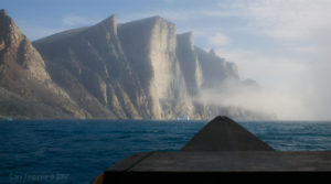 Cory enters Sam Ford Fiord by 24 freighter canoe with Inuit guides on Baffin Island, Nunavut, Canada. © Cory Trépanier.