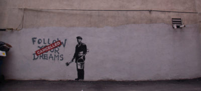 Banksy in Boston: Portrait from the F̶O̶L̶L̶O̶W̶ ̶Y̶O̶U̶R̶ ̶D̶R̶E̶A̶M̶S̶ CANCELLED piece by Chris Devers | Flickr | CC BY-NC-ND 2.0