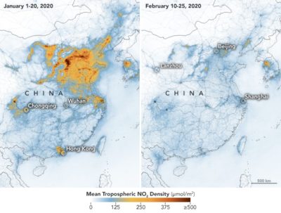 Back to nature: The maps above show nitrogen dioxide values across China from January 1-20, 2020 (before the quarantine), and February 10-25 (during the quarantine). (Image credit: European Space Agency via NASA)