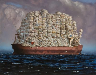 Scott Greene “MOBRO: High Seas Drifter,” 2015, oil on canvas on panel, 50 x 64 inches. Courtesy Turner Carroll Gallery.